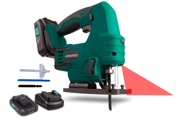 VONROC Akku-Stichsäge 20V, Komplettset mit 2x 2.0Ah Akku, Schnellladegerät, Sägeblättern, Parallelführung und Aufbewahrungstasche