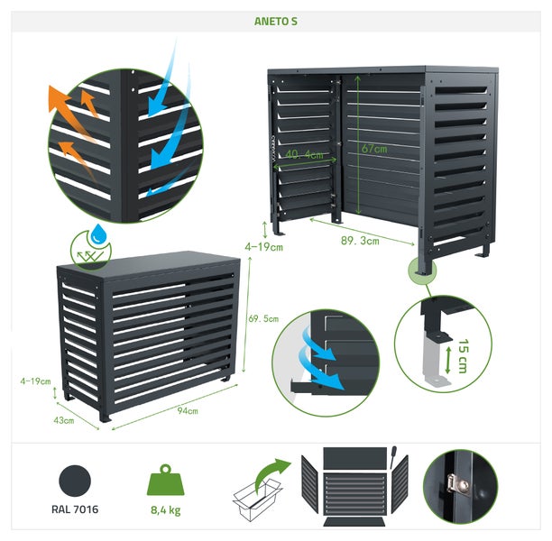 Aneto S Sichtschutzbox mit Maßangaben und Symbolen für Belüftung und Wasserdurchlässigkeit
