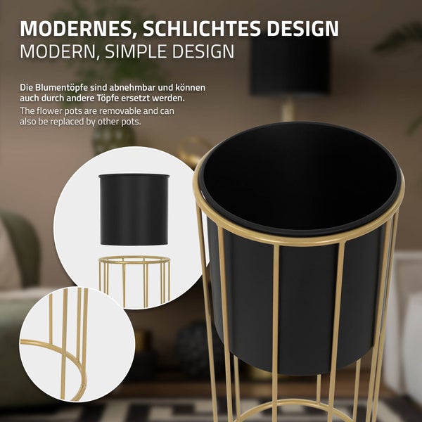 ML-Design Blumenständer 2er Set, Schwarz-Gold, 21x46,7/24x70,5 cm, rund, Stahl, Blumentopfständer mit Übertopf, Metall Pflanzenständer, Blumentopfhalter 2-tlg, Pflanztopf Deko Blumensäule Blumenhocker