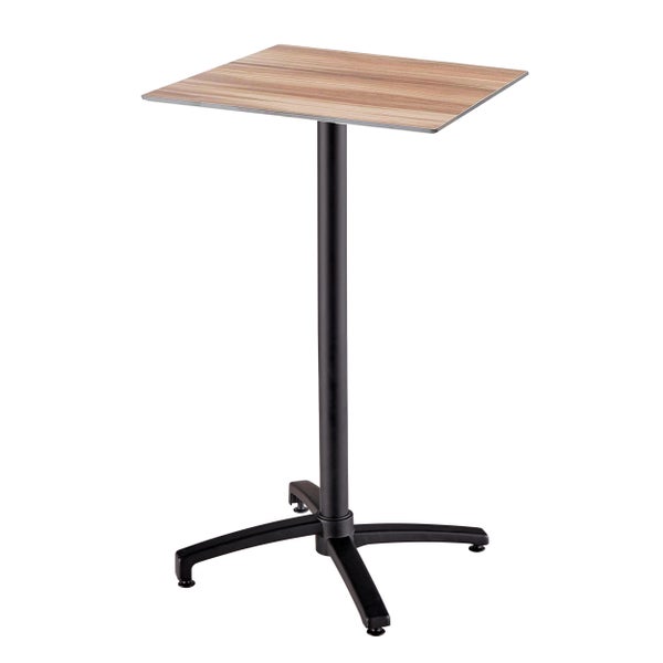 Quadratischer Stehtisch mit Tischplatte in Holzoptik und schwarzem Metallfuß.