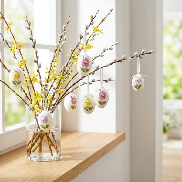 Osterstrauß aus Weidenkätzchen und Forsythien mit hängenden Ostereiern mit Blumenmotiv in einer Glasvase auf einer Fensterbank.