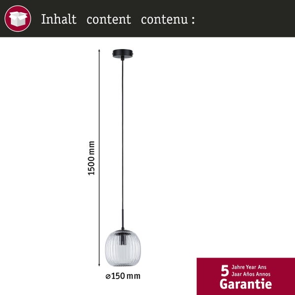 Pendelleuchte mit Glasschirm, Gesamthöhe 1500 Millimeter, Schirmdurchmesser 150 Millimeter, 5 Jahre Garantie.