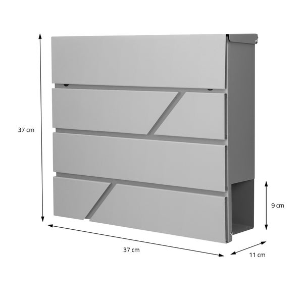 Grauer Wandbriefkasten mit Zeitungsfach, 37 Zentimeter Höhe, 37 Zentimeter Breite, 11 Zentimeter Tiefe, Zeitungsfachhöhe 9 Zentimeter.