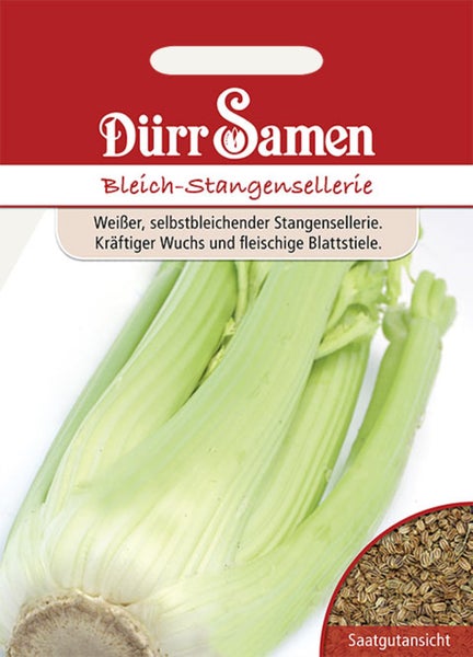 Samentüte Bleich-Stangensellerie von Dürr Samen mit Abbildung von Selleriestangen und Saatgutansicht.