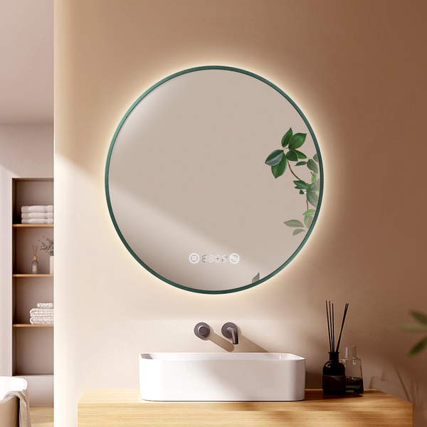 EMKE Badspiegel mit Beleuchtung, runder LED-Spiegel mit Touchschalter und Uhr, Badspiegel mit grünen Rahmen, ф60cm, Neutralweiß