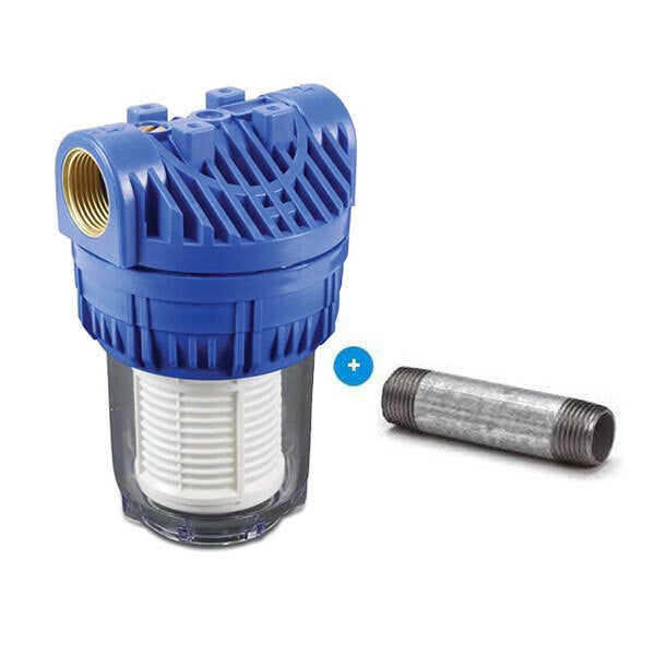 Wasserfilter mit blauem Gehäuse, transparentem Behälter, weißem Filtereinsatz und verzinktem Rohrnippel.