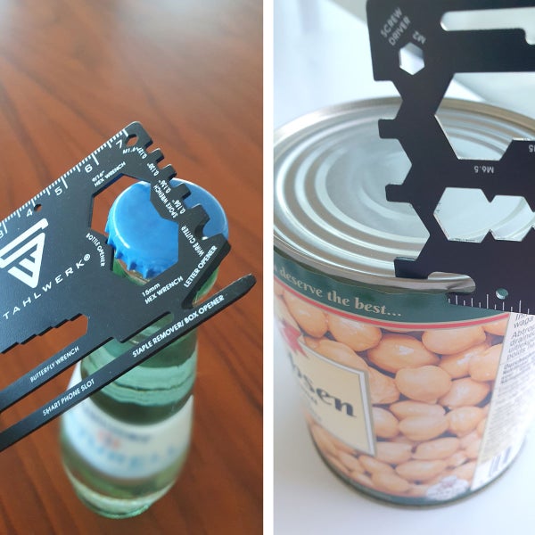 Stahlwerk Multitool-Karte aus Metall mit Funktionen wie Sechskantschlüssel, Lineal in Zentimetern und Zoll, Drahtschneider und Flaschenöffner.