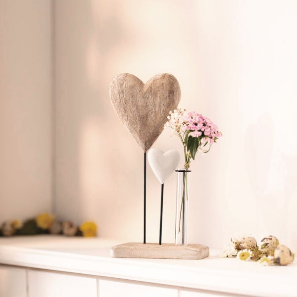 FRANK FLECHTWAREN|Board Herzchen mit Vase, 16 x 7 x 29,5 cm, HOLZ, GLAS, METALL