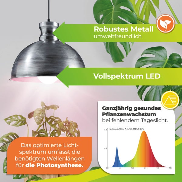 Metall-Pflanzenlampe mit Vollspektrum LED, optimiert für Photosynthese und gesundes Pflanzenwachstum das ganze Jahr über ohne Tageslicht.