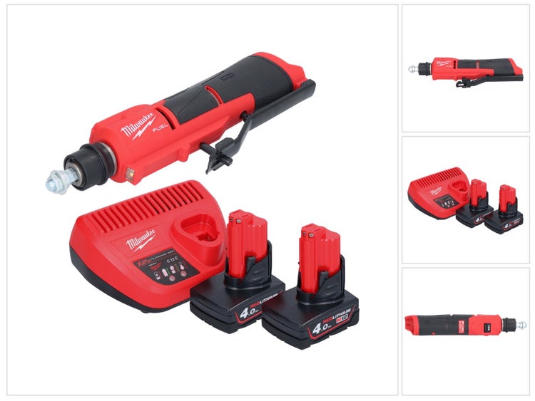 Milwaukee M12 FUEL Akku Geradschleifer Set mit zwei Akkus und Ladegerät.