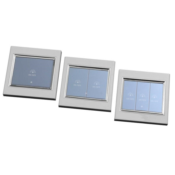 Drei Touch-Lichtschalter in den Ausführungen einfach, zweifach und dreifach mit Ein- und Ausschalter.