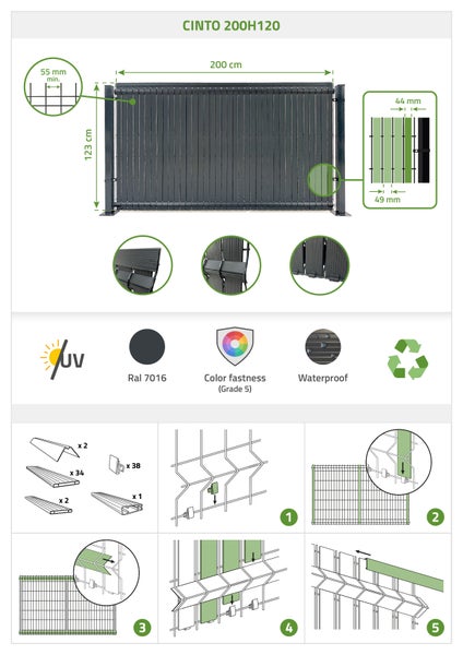 Abbildung eines Cinto 200H120 Zauns mit Maßangaben, UV-Schutzsymbol, RAL 7016 Farbcode, Farbbeständigkeitssymbol, Wasserdichtigkeitssymbol, Recycling Symbol und Montageanleitung.