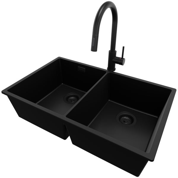 PRIMAGRAN Granitspüle Alles Schwarz 76x47cm, Spülbecken 2 Becken + Küchenarmatur 40x20cm + Ablauf-Set, Küchenspüle ab 80er Unterschrank - London Slim Twin