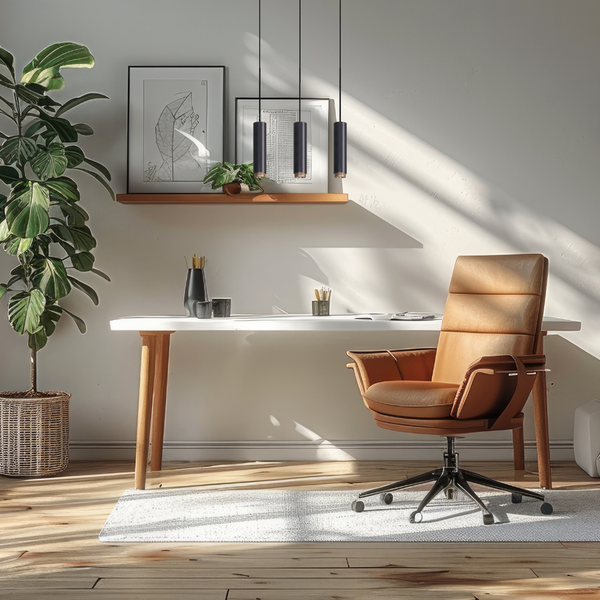 Helles Arbeitszimmer mit Schreibtisch, Bürostuhl und Zimmerpflanze