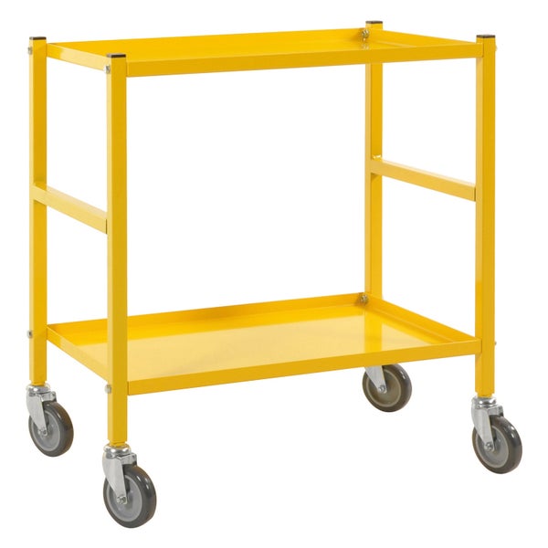 Gelber Werkstattwagen mit zwei Ablageflächen und Rollen.