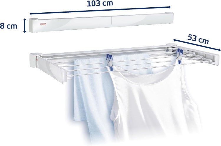 Leifheit Wandtrockner Telegant 72 Protect, 7,20m Wäscheleine für kleine Haushalte, platzsparender Trockner, Wäschereck mit Wandmontage, drinnen & draußen, Wäschetrockner für die Wäsche zwischendurch