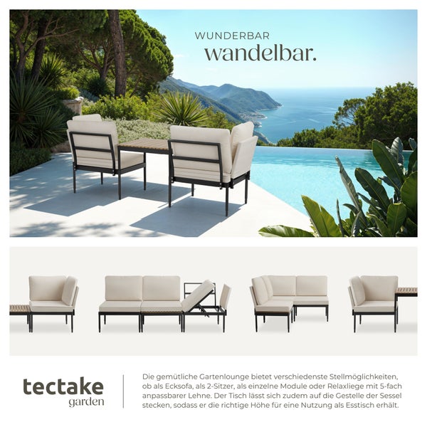 Gartenlounge-Set tectake Magaluf Armlehnen mit Seitentaschen, stapelbar 5 in 1 Funktion, 5-fach verstellbare Lehne, dicke Polsterung anthrazit/grau