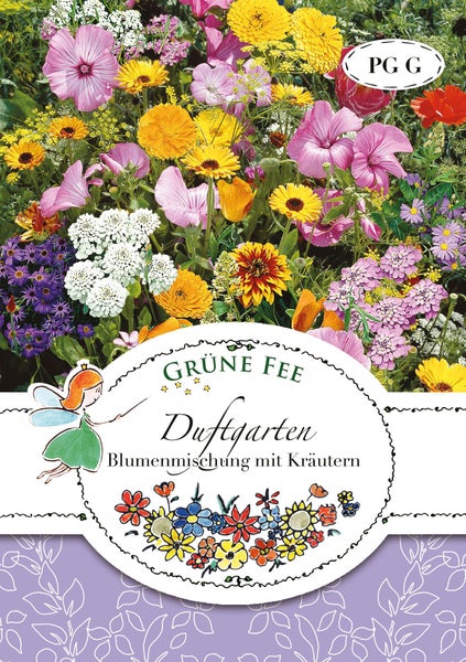 Samentüte Grüne Fee Duftgarten Blumenmischung mit Kräutern, zeigt eine Vielfalt blühender Blumen und eine illustrierte Fee.