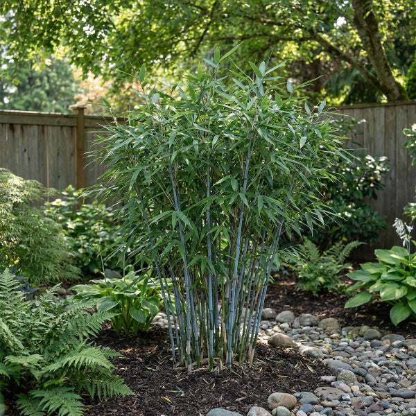 Bambuspflanze mit bläulichen Halmen und grünen Blättern in einem Gartenbeet mit Mulch, Steinen, Farnen und einem Holzzaun.