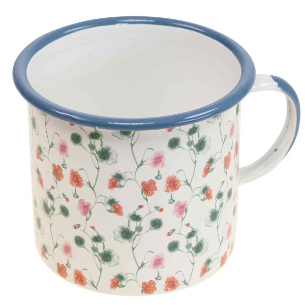 Emaillierter Becher mit Blumenmuster und blauem Rand