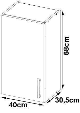 Abbildung eines 58 Zentimeter hohen, 40 Zentimeter breiten und 30,5 Zentimeter tiefen Hängeschranks mit Griff