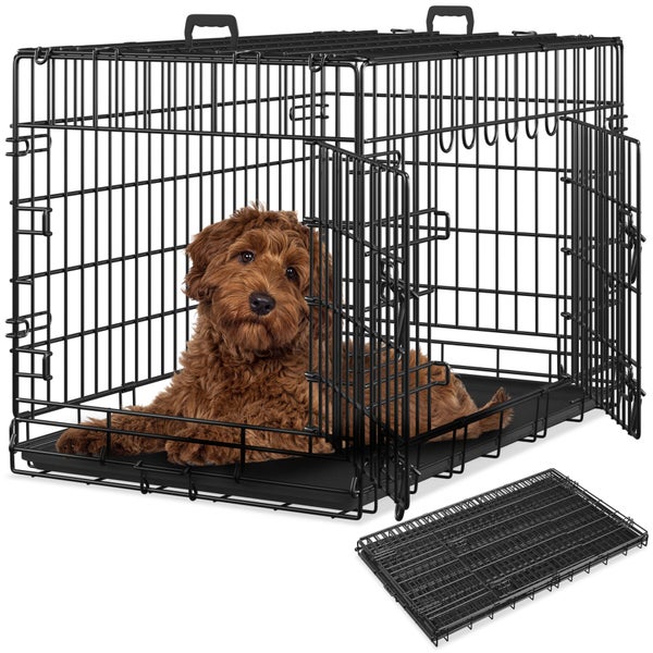 Hundekäfig aus Metall mit zwei Türen und Bodenwanne, ein Hund liegt darin, daneben die zusammengeklappte Transportbox.