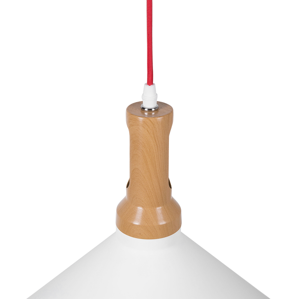 Moderne Pendelleuchte mit Holzoptik Element und Textilkabel