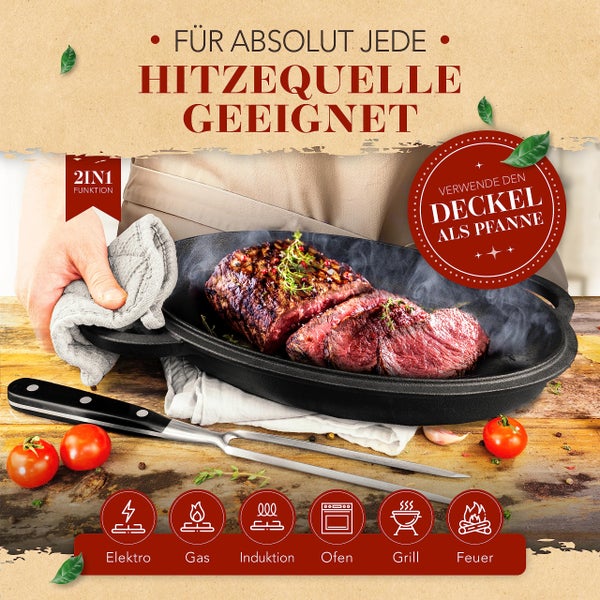 KRUSTENZAUBER 35cm Gusseisen Bräter mit Deckel backofengeeignet [inkl. Fleischgabel] - Gusseisen Topf XXL - Idealer Schmortopf Kazan, Bräter Induktion, Gusseisenpfanne backofengeeignet