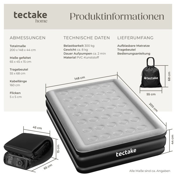Produktinformationen für tectake Luftmatratze: Maße 200 mal 148 mal 44 Zentimeter, Belastbarkeit 300 Kilogramm, Material PVC, inklusive Tragetasche.