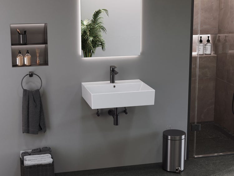 Aqua Bagno Basic Plan Waschbecken 10.16.30.03.2 – 55 x 45 cm – Weiß Hochglanz – Keramikbecken mit Hahnloch & Überlauf