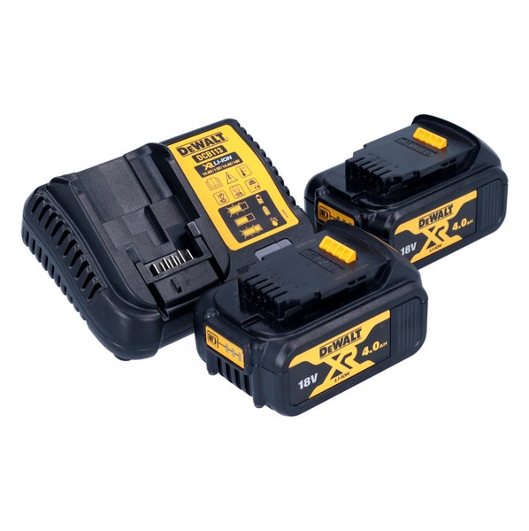 DeWalt Akku-Set bestehend aus einem Ladegerät DCB113 und zwei 18 Volt Lithium-Ionen Akkus mit 4 Amperestunden.