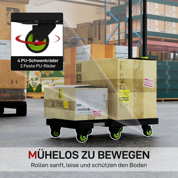 Rollwagen mit Polyurethan Rollen und Kartons in einem Lager