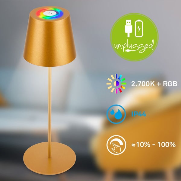 Briloner Calida 3 in 1 RGBW LED Tischlampe kabellos IP44, Dimmbar, Touch, Höhenverstellbar, Spritzwasserschutz, Goldfarbig, 36 x Ø10,5 cm