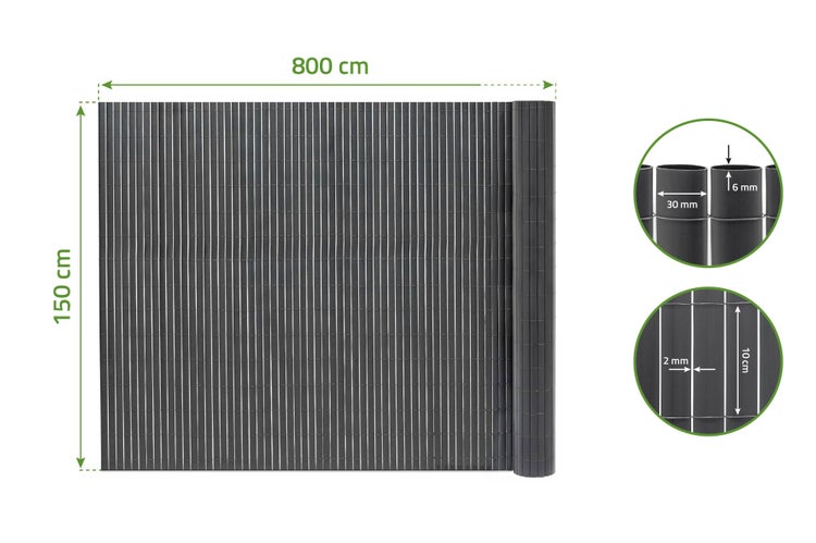 PVC Sichtschutzmatte in der Größe 150 mal 800 Zentimeter mit Detailansichten der Lamellenmaße