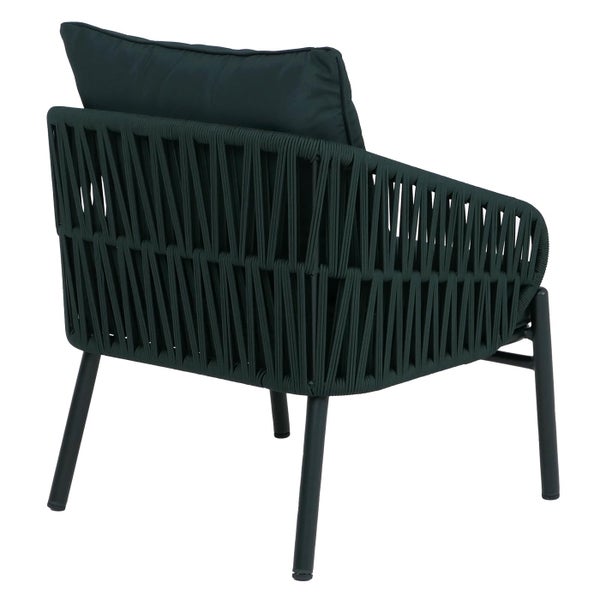 Moderner Garten-Loungesessel mit dunkelgrünem Seilgeflecht und Rückenkissen, Rückansicht.