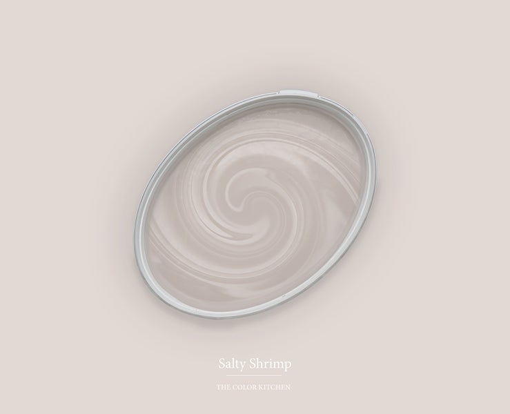 Draufsicht einer geöffneten Farbdose mit cremiger Wandfarbe Salty Shrimp von The Color Kitchen.