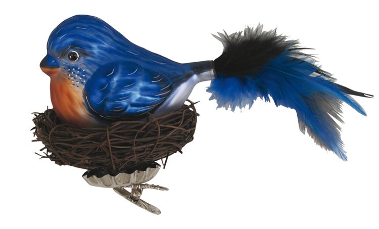 Vogel blau 20cm mit 7cm Federschwanz im Nest aus Zweigen Glasornament, mundgeblasen und handekoriert, 1 Stck.