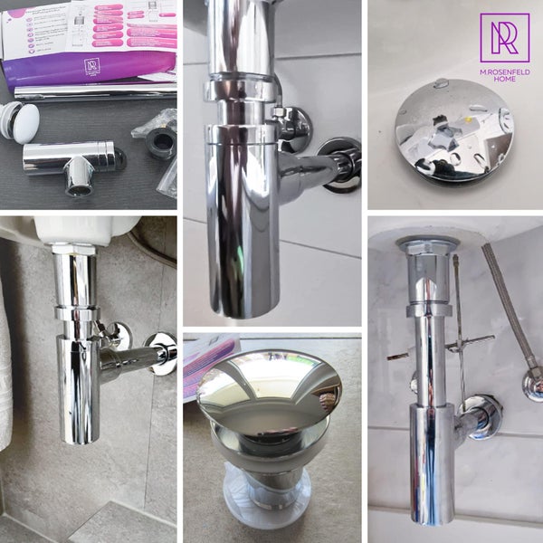 Mehrere Ansichten eines Waschbecken-Siphon-Sets, inklusive Verpackung und Installationsdetails.