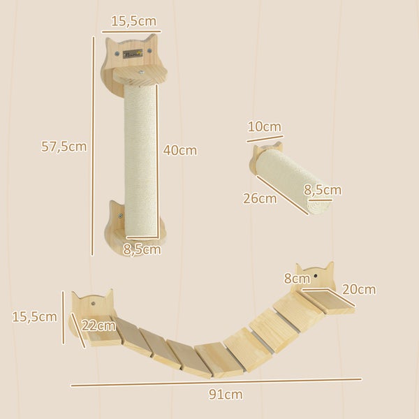 PawHut Kletterwand Katzen, 3-teilig Katzen Kletterwand Set Stabiler Katzenmöbel mit Kratzbaum, Trittplatte, Leiter, Wandkratzbaum für Katzen bis 5 kg, Naturholz