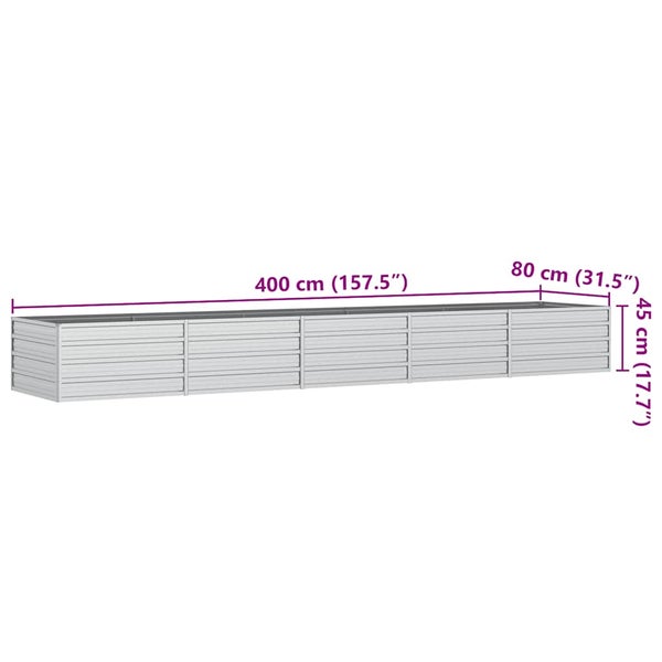 Graues Hochbeet aus verzinktem Stahl, 400 Zentimeter lang, 80 Zentimeter breit und 45 Zentimeter hoch.