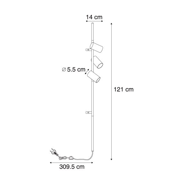 Maßzeichnung einer dreiflammigen LED Strahlerleiste mit Kabel und Stecker, Höhe 121 Zentimeter, Durchmesser 5,5 Zentimeter.