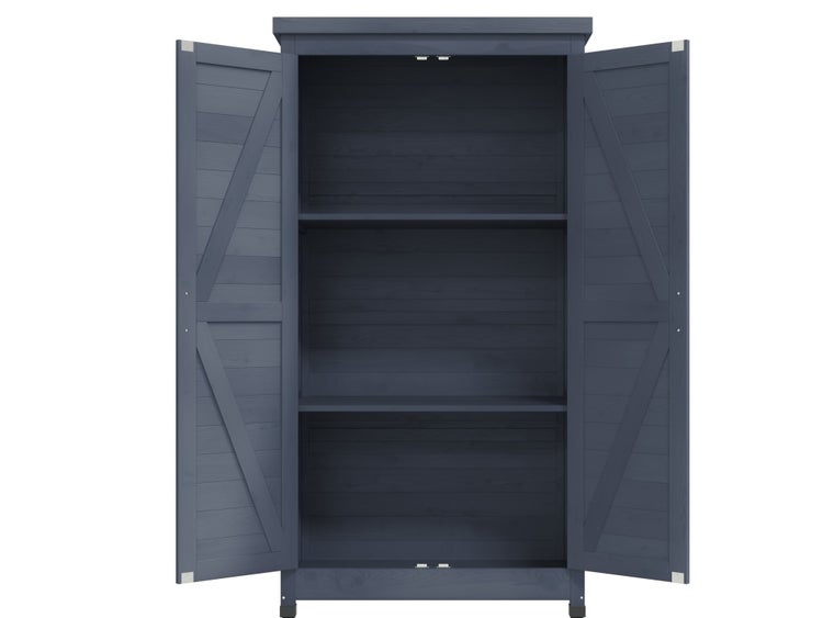 Gartenschrank aus Holz mit zwei Türen und drei Ablagefächern in Blau.