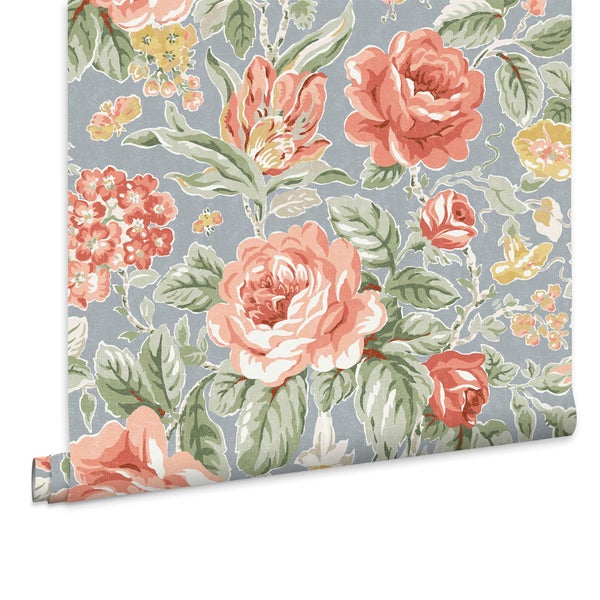Tapete mit floralem Rosenmuster und Blättern in klassischem Design