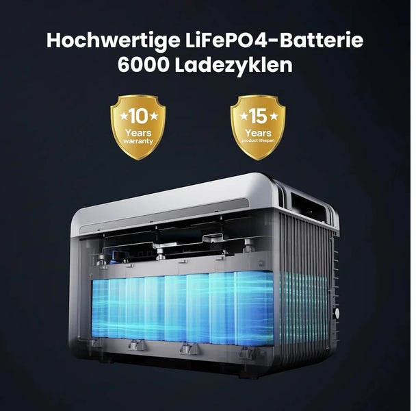 Hochwertige Lithium-Eisenphosphat-Batterie mit 6000 Ladezyklen, 10 Jahren Garantie und 15 Jahren Lebensdauer.