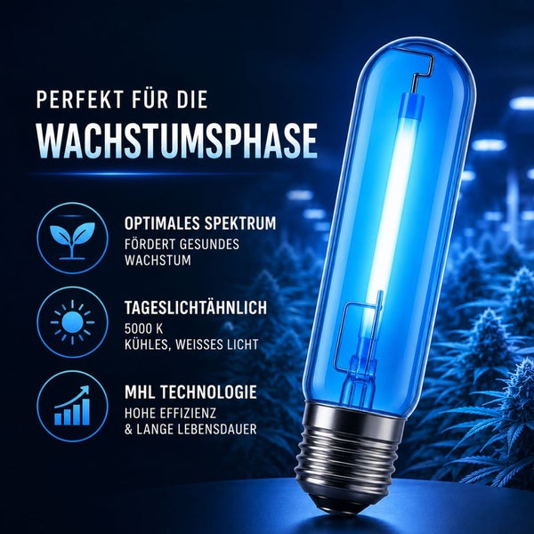 MHL-Pflanzenlampe für die Wachstumsphase mit 5000 Kelvin tageslichtähnlichem Licht und hoher Effizienz für gesundes Pflanzenwachstum.