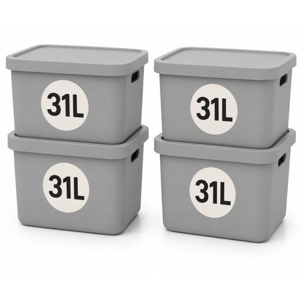Set aus vier grauen Kunststoff Aufbewahrungsboxen mit Deckel und einem Fassungsvermögen von jeweils 31 Litern