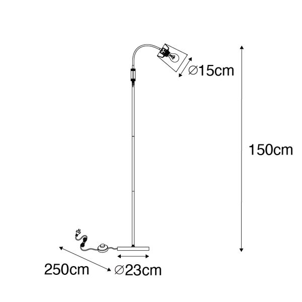 Technische Zeichnung einer Stehlampe mit den Maßen: Höhe 150 cm, Lampenschirmdurchmesser 15 cm, Fußdurchmesser 23 cm, Kabellänge 250 cm.