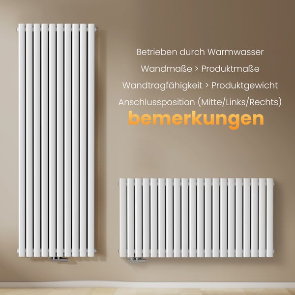 EMKE Design-Röhrenheizkörper für Warmwasserbetrieb,  Seitenanschluss, Horizontal,  Doppellagig,  1828Watt, 120 cm x 60 cm, Weiß