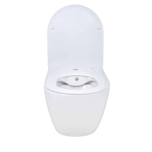 Wandhängendes spülrandloses Dusch-WC aus Keramik mit geöffnetem Deckel und integrierter Duschdüse.