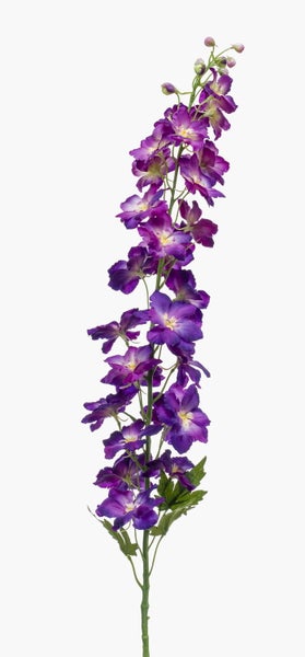 Künstlicher Rittersporn mit violetten Blüten an einem langen grünen Stiel.